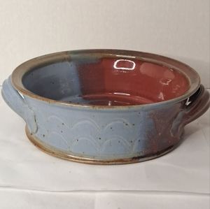 Vintage Stoneware Pottery Casserole Bowl Signed Brown Blue and Red.o